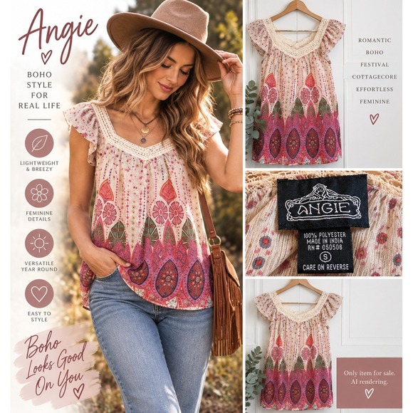 Angie Tops - Floral Paisley Boho Flutter Sleeve Top Pink Crochet Lace Romantic Angie Small
